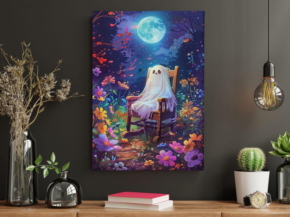 Dreamy Ghost in Rocking Chair Under Full Moon in Flower Field Poster - Image 5