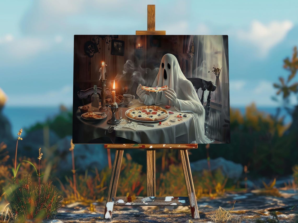 Ghost Eating Pizza By Candlelight Funny Spooky Halloween Art Poster - Image 2