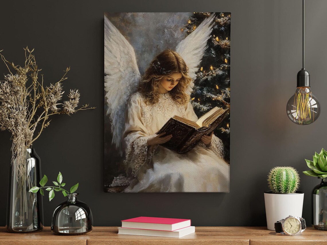 Angel Girl Reading Book Christmas Tree Lights Vintage Christian Art Painting Poster - Image 4