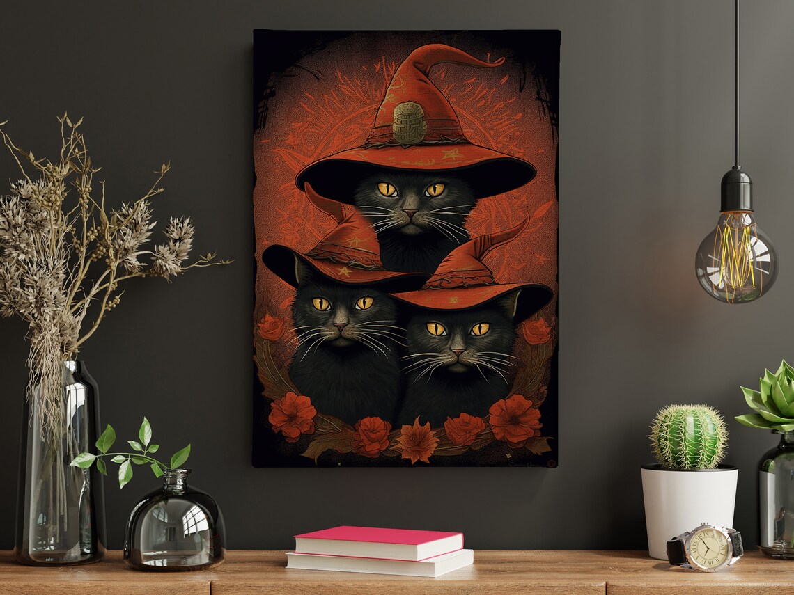 Three Black Cats In Red Witch Hats Halloween Floral Vintage Style Poster - Image 4