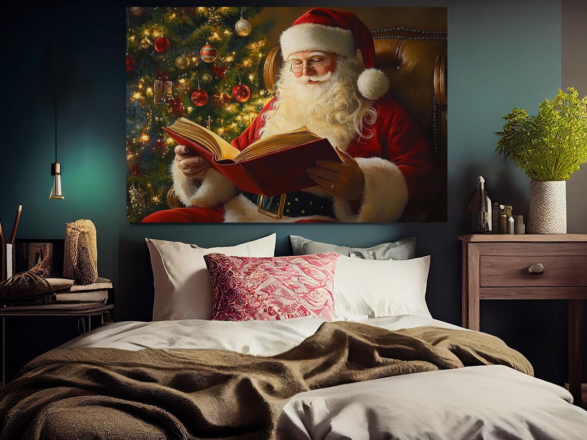 Santa Claus Reading Big Red Book Leather Chair Christmas Tree Cozy Art Poster - Image 6