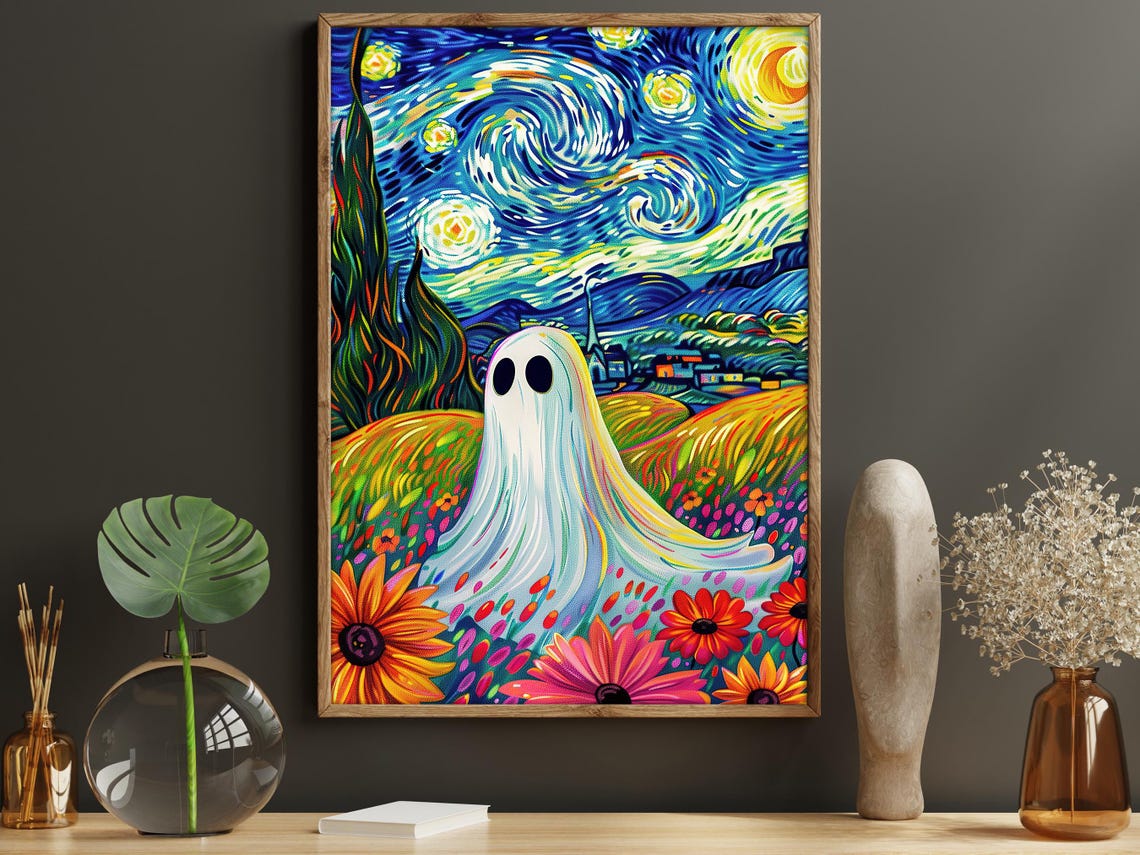 Starry Night Style Ghost in Colorful Flower Field Dreamy Art Poster - Image 5