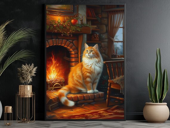 Fluffy Orange Cat By Cozy Fireplace Hearth Cottage Winter Art Poster