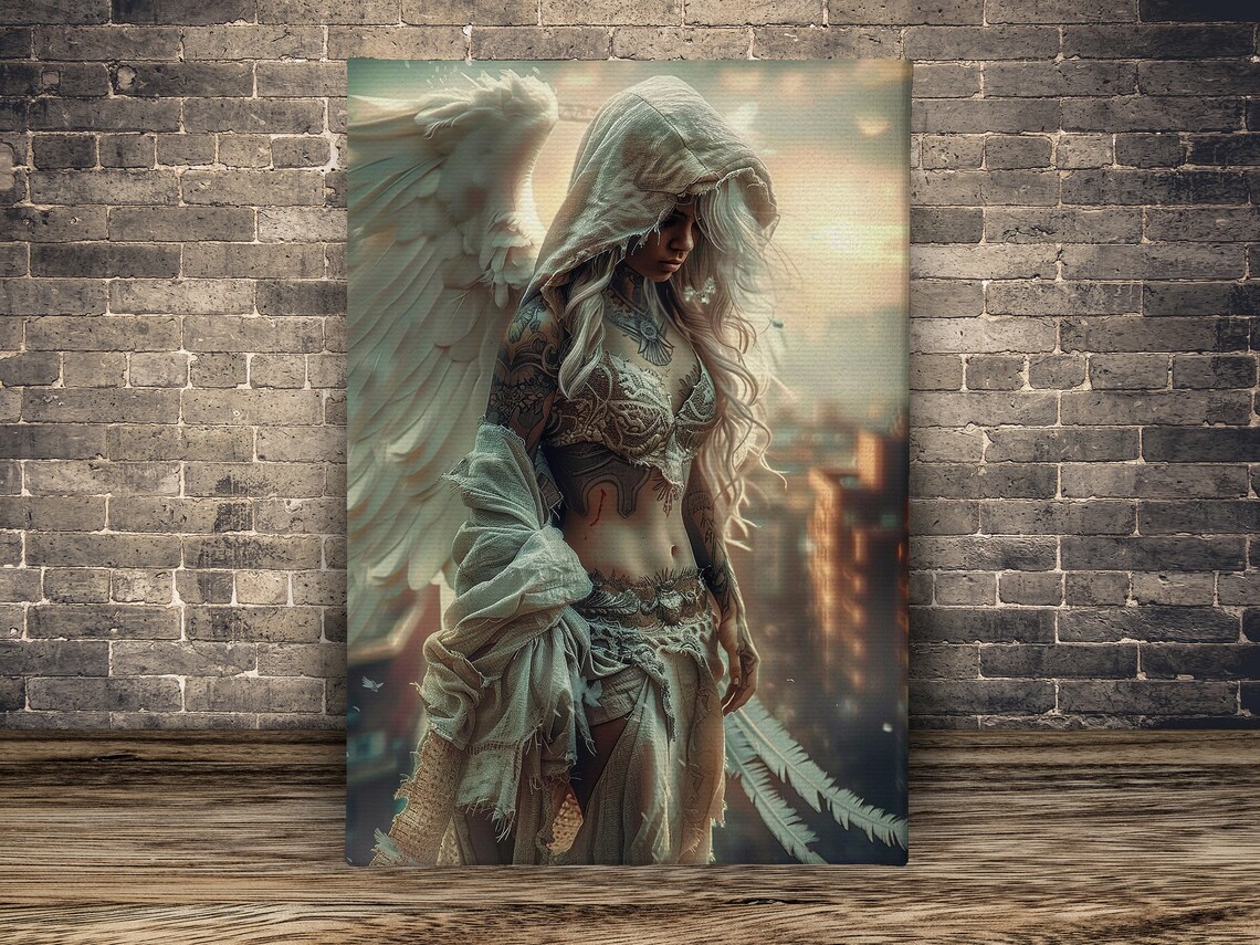 Dark Fallen Angel Tattooed Wings Gothic Fantasy City Sunset Art Poster - Image 2