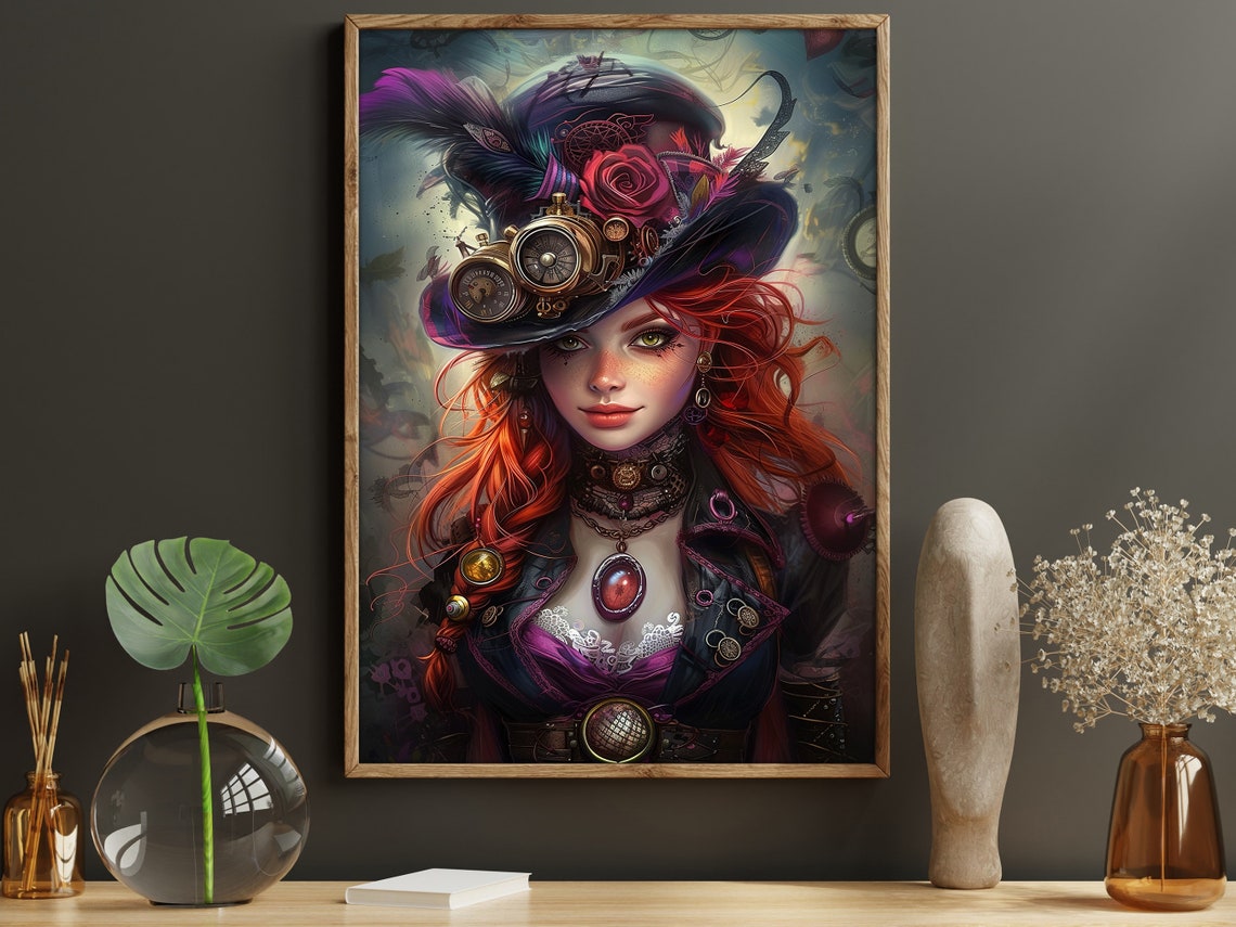 Steampunk Woman In Feathered Top Hat With Goggles Fantasy Art Poster - Image 4