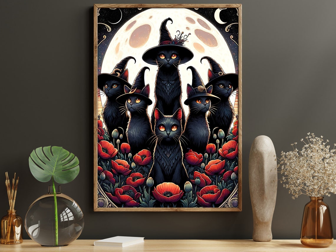 Seven Black Cats In Witch Hats Full Moon Poppies Halloween Wall Poster - Image 5