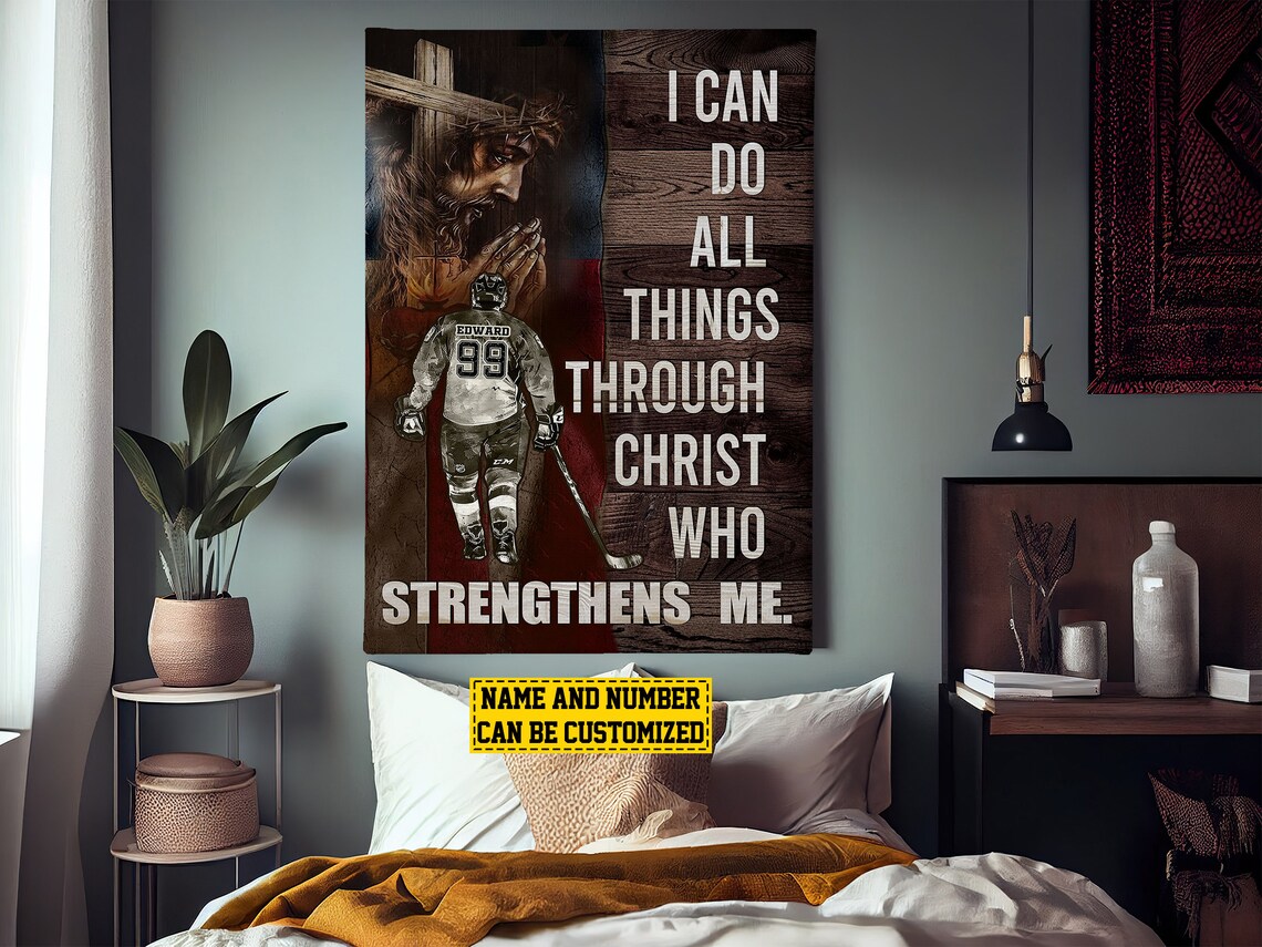 Hockey Faith Poster I Can Do All Things Through Christ Custom Name Print - Image 2