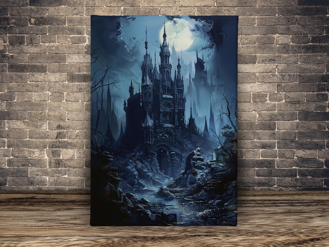 Dark Gothic Castle Under Full Moon with Bats in Misty Blue Night Poster - Image 2