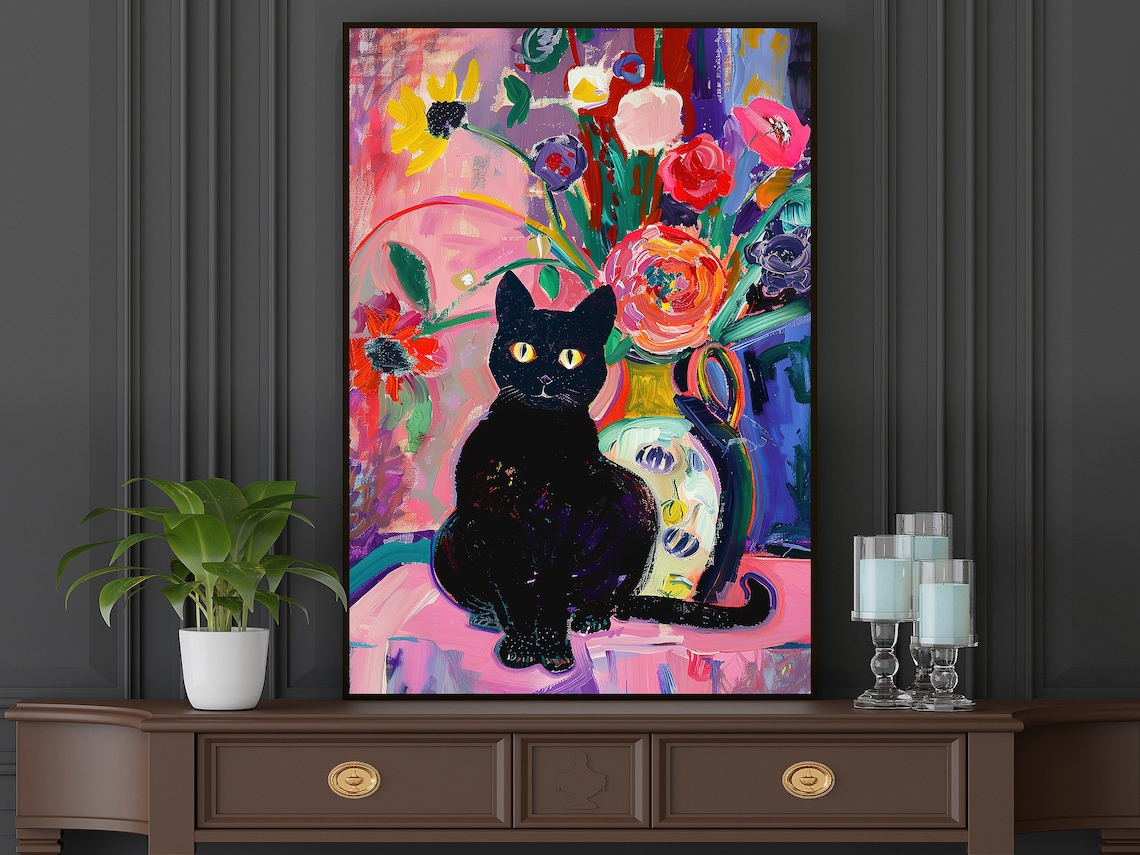 Matisse-Inspired Black Cat and Flowers Art Print