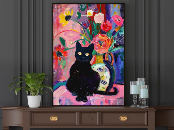 Matisse-Inspired Black Cat and Flowers Art Print