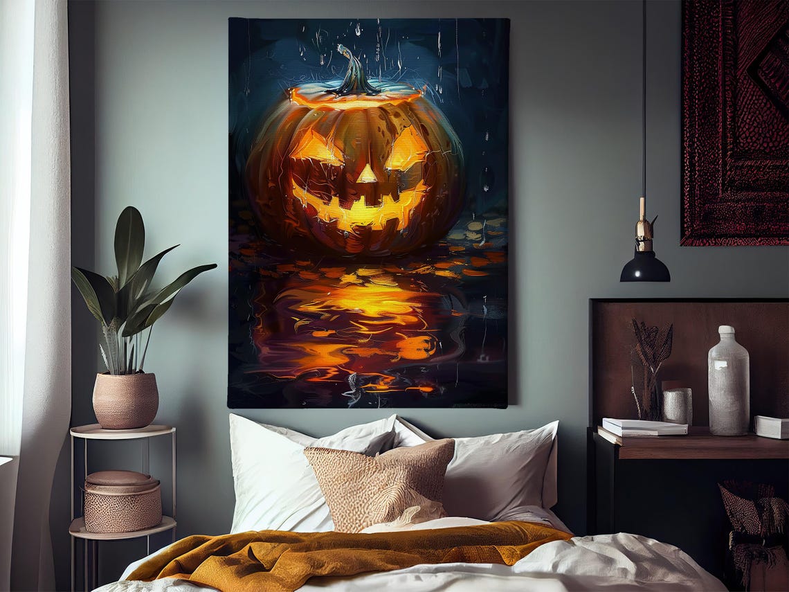 Glowing Jack O Lantern In Rain Spooky Halloween Pumpkin Art Poster - Image 3