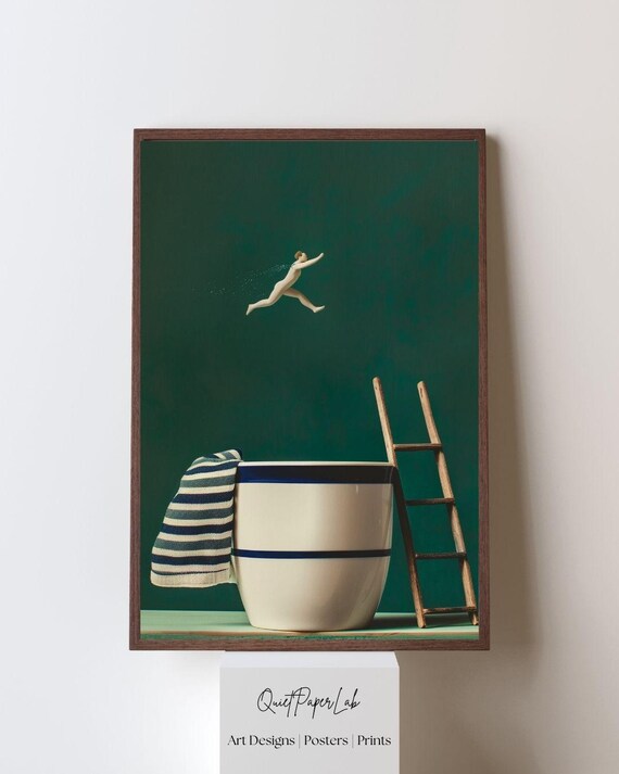 Diver Leaping Into Giant Coffee Cup Minimal Surreal Kitchen Art Poster