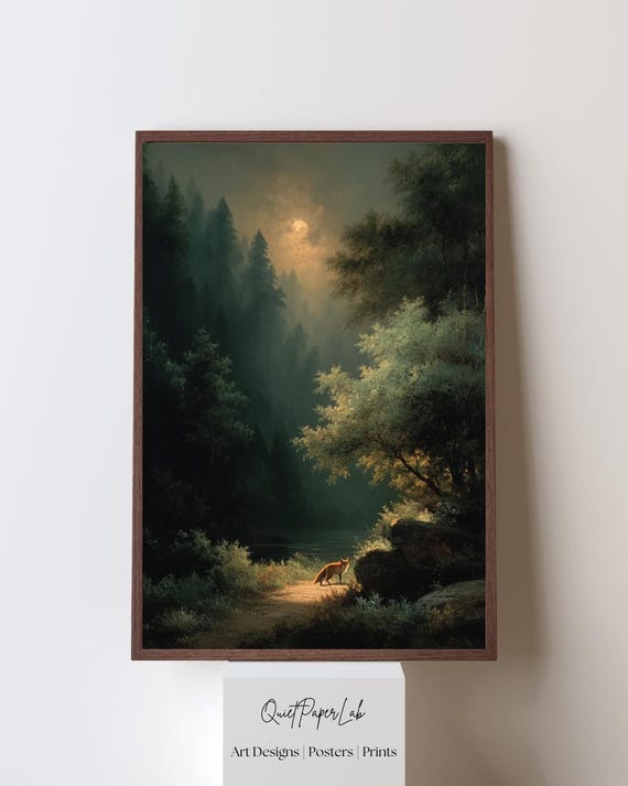 Moonlit Fox In Dark Forest Vintage Oilstyle Moody Wildlife Wall Art Print Rustic Decor Poster Framed Ready To Hang
