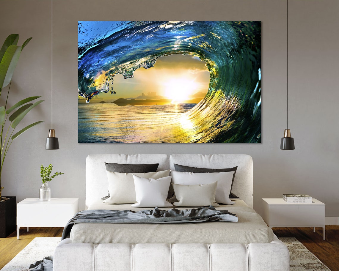 Ocean Wave Barrel Sunset Golden Light Surf Photography Wall Art - Image 4