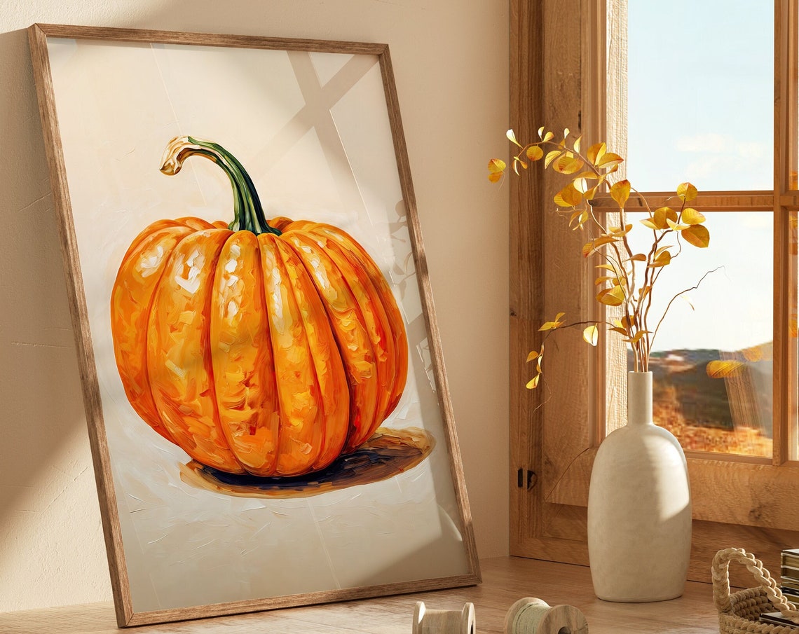 Orange Pumpkin Harvest Oil Painting Rustic Fall Autumn Decor Poster