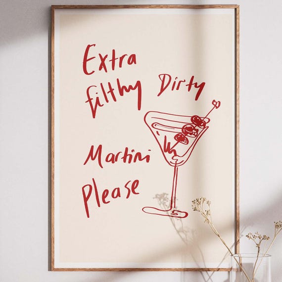 Dirty Wall Art Extra Filthy Cocktail Poster Funny Bar Cart Decor Red Line Quote Print