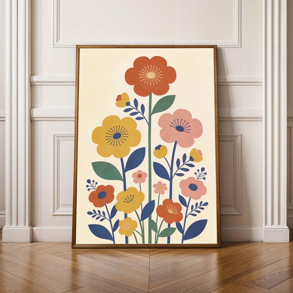 Minimalist Folk Floral Poster Terracotta Mustard Scandinavian Style Blooms