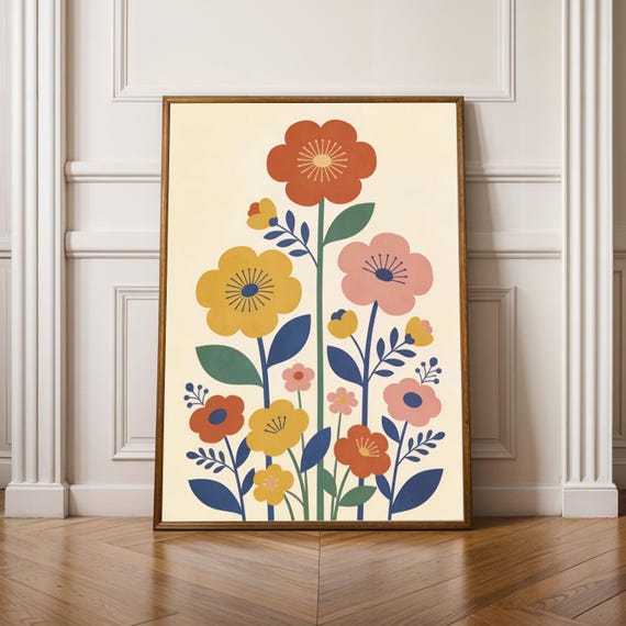 Floral Folk Art Poster Minimalist Vintage Scandinavian