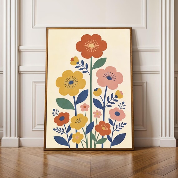 Minimalist Folk Floral Poster Terracotta Mustard Scandinavian Style Blooms