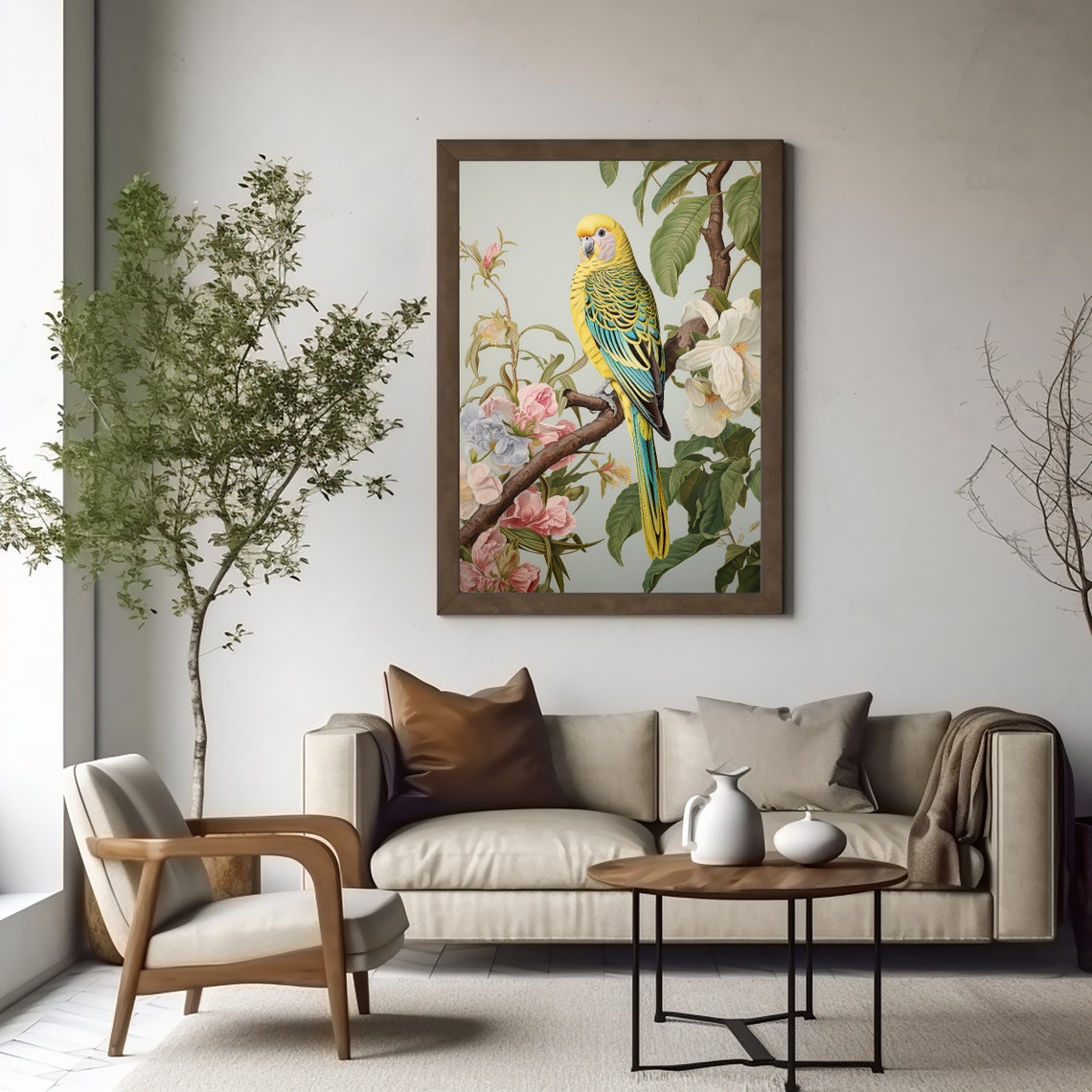 Chinoiserie Budgie Parakeet Floral Branch Vintage Style Poster - Image 3