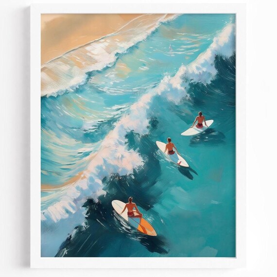 Aerial Surfers Turquoise Waves Ocean Painting Coastal Art Poster
