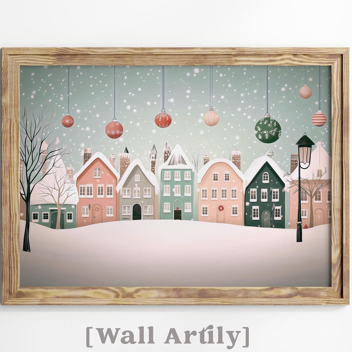 Pastel Snowy Town With Colorful Houses And Hanging Baubles Poster