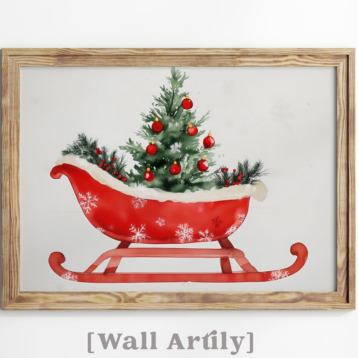 Red Watercolor Christmas Sleigh With Mini Tree And Ornaments Poster