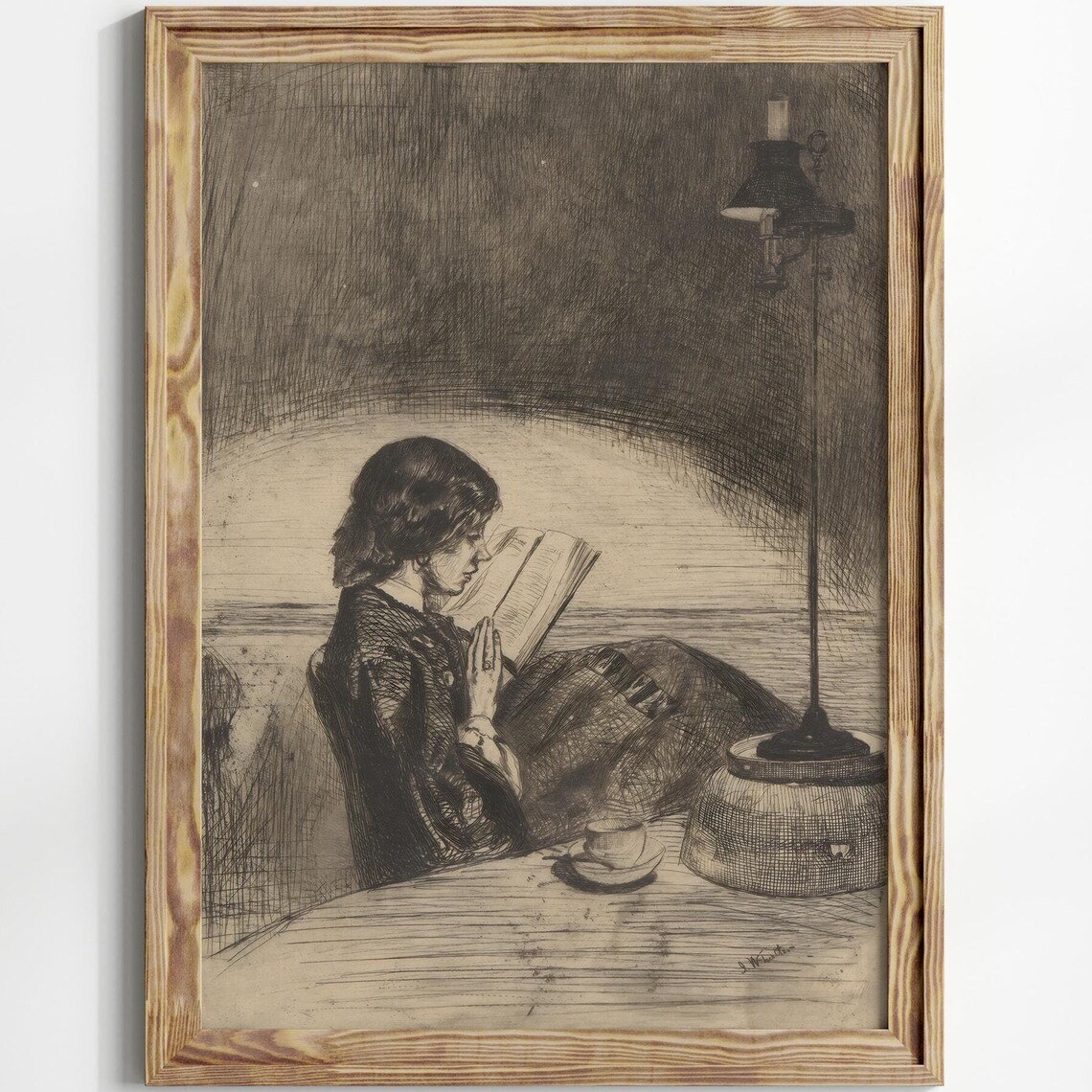 Antique Sketch Of Woman Reading By Lamplight Dark Etching Poster - Image 7