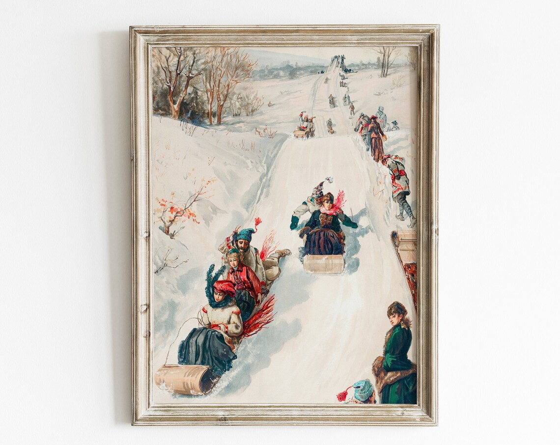 Vintage Christmas Sledding Art Print, Holiday Scene