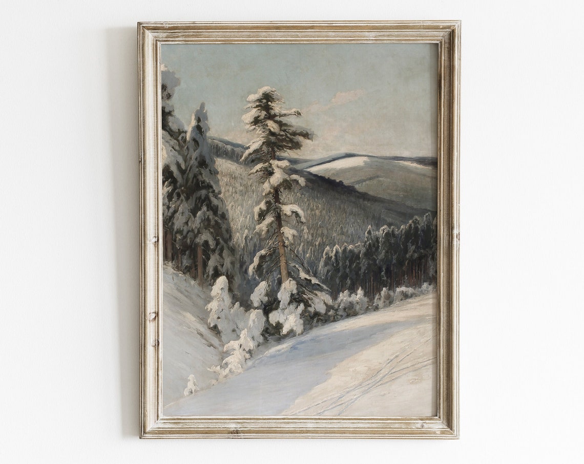 Winter Forest Landscape Painting Rustic Wall Art Print Snow Scene Farmhouse Winter Wall Decor Winter Art