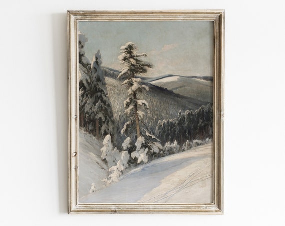 Winter Forest Landscape Painting Rustic Wall Art Print Snow Scene Farmhouse Winter Wall Decor Winter Art