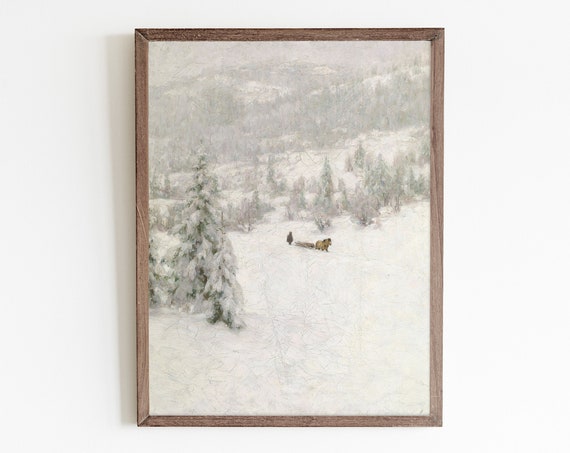Vintage Winter Landscape Art Print, Snowy Sledding Scene