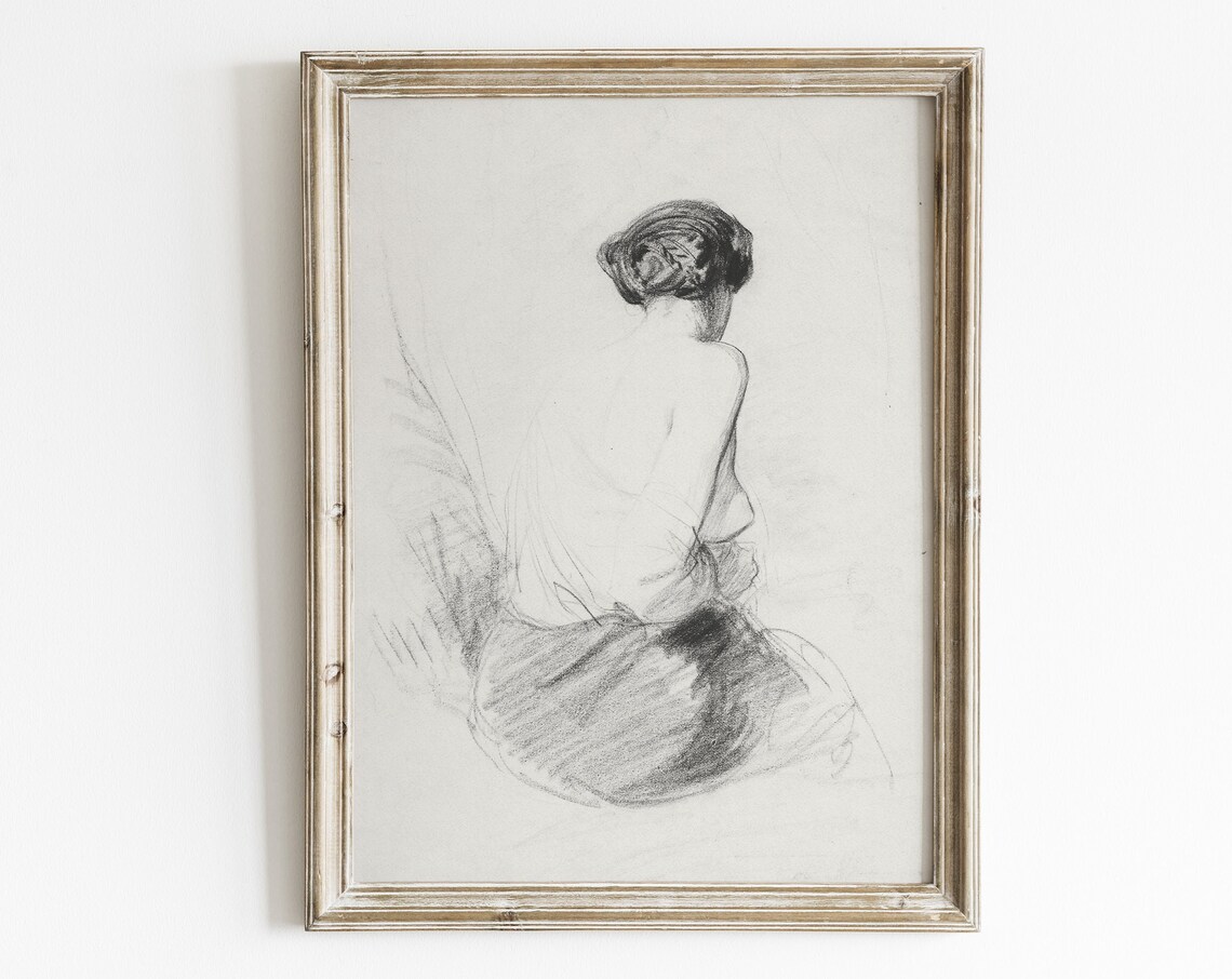Female Figure Sketch, Vintage Minimal Line Art