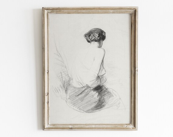 Female Figure Sketch, Vintage Minimal Line Art