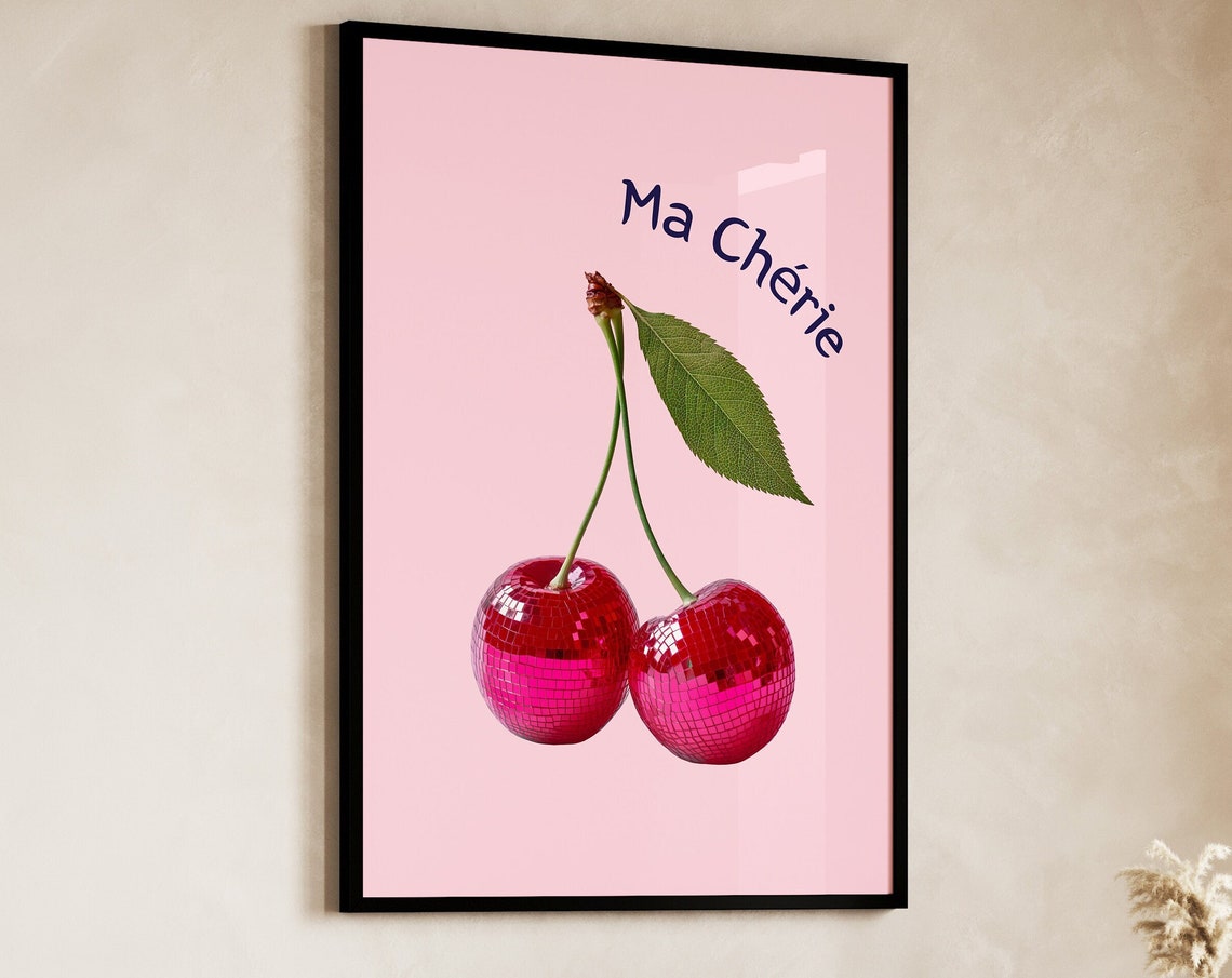 Pink Disco Ball Cherries Ma Cherie French Aesthetic Retro Poster