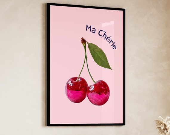 Pink Cherry Disco Ball Poster Minimalist Cherry Prints Aesthetic Poster Coquette Cherries Retro Wall Art 70s Art Prints Trendy Wall Art