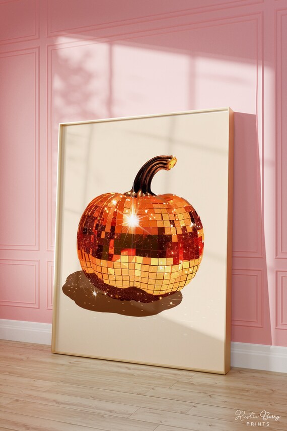 Orange Disco Ball Pumpkin Sparkling Glam Fall Kitchen Decor Poster
