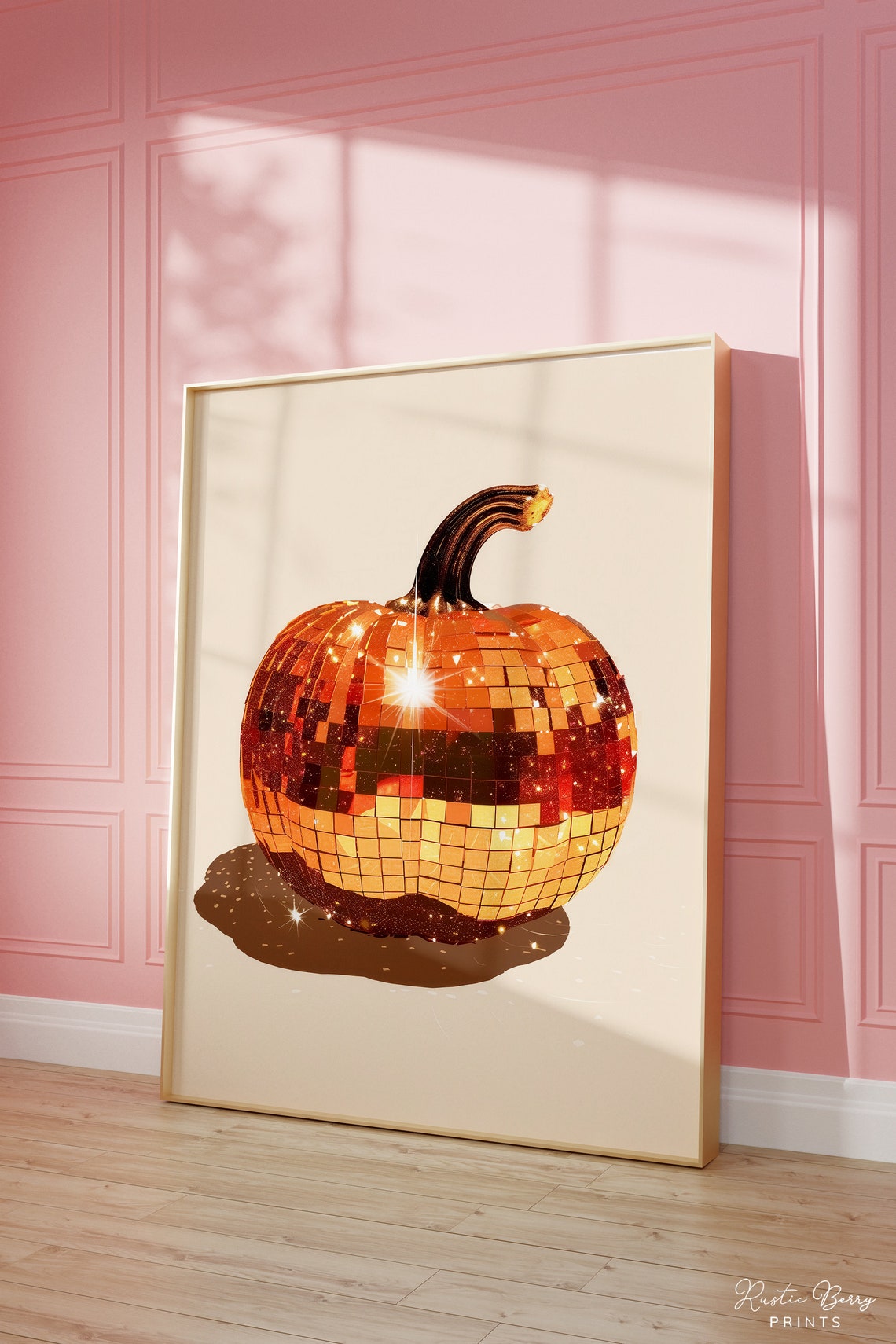 Orange Disco Ball Pumpkin Sparkling Glam Fall Kitchen Decor Poster