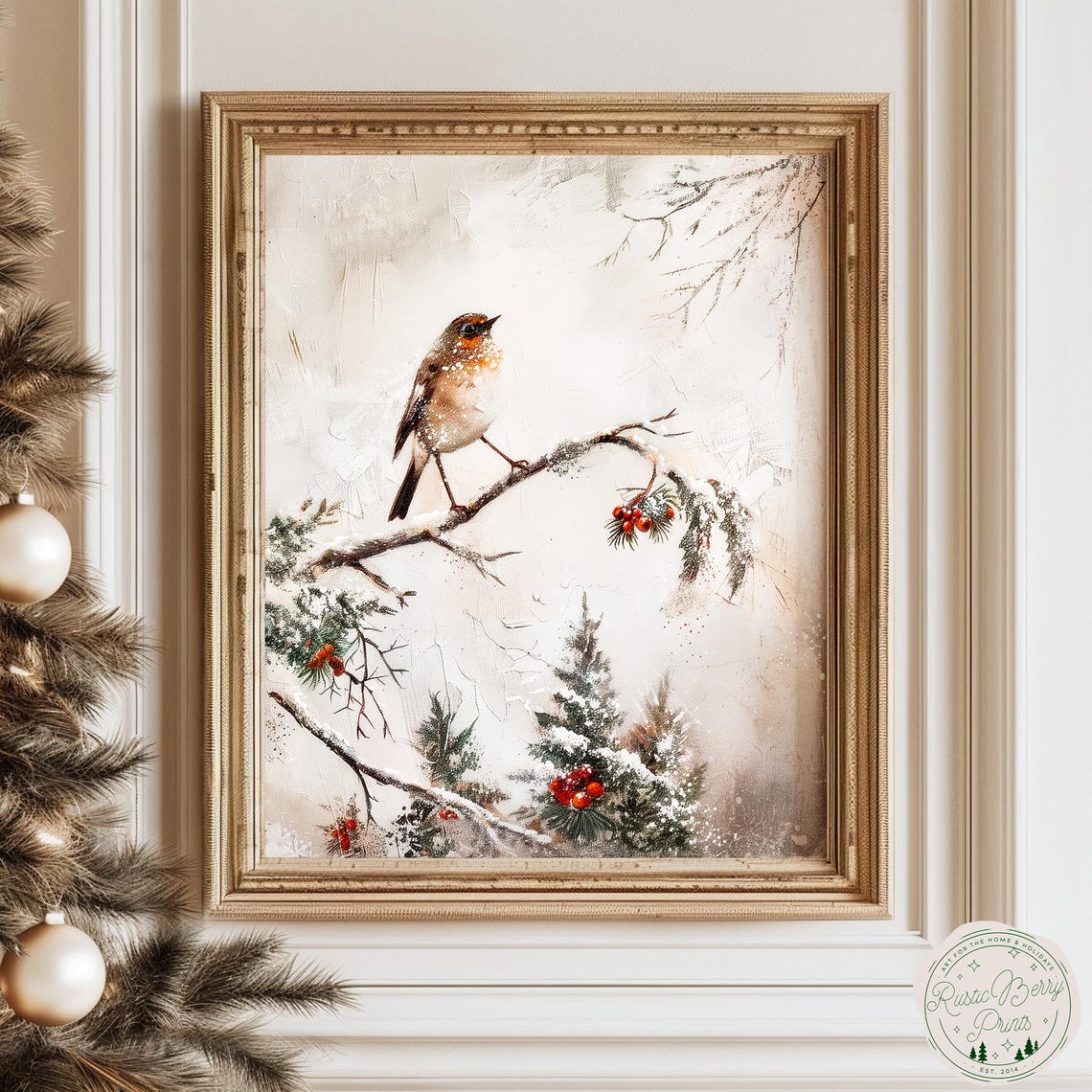 Robin Perched On Snowy Branch Red Berries Winter Bird Watercolor Print