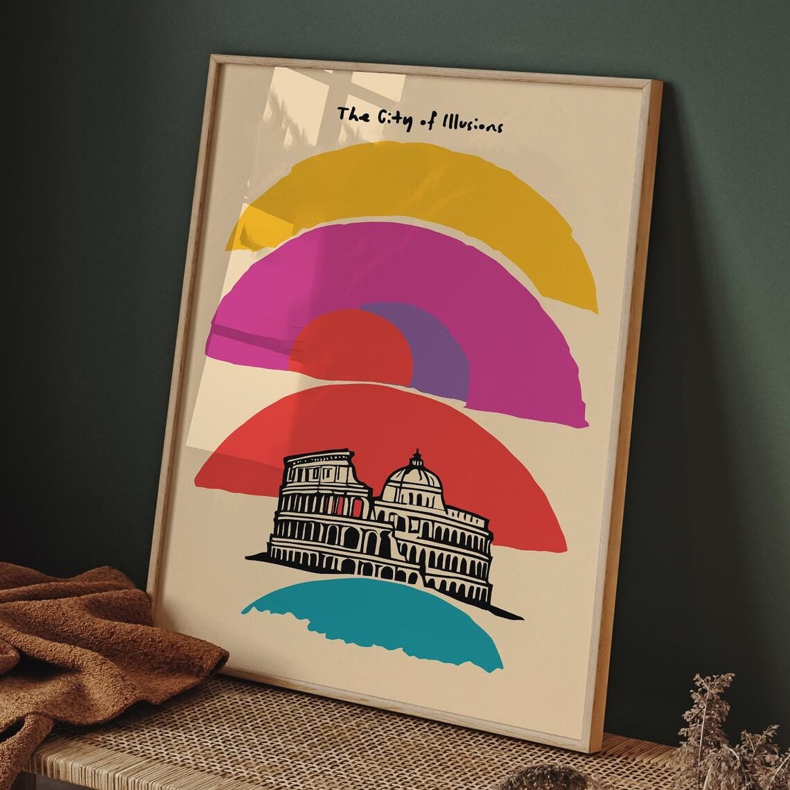 The City of Illusions Rome Colosseum Rainbow Sunset Travel Poster