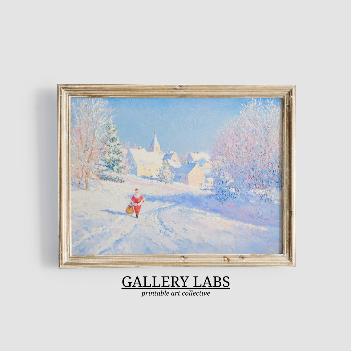 Santa Claus Snowy Village Church Winter Christmas Scene Wall Art
