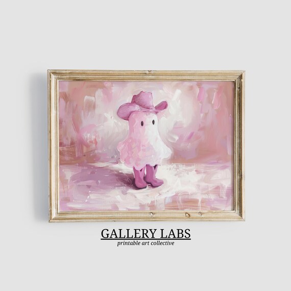 Pink Cowboy Ghost Western Hat Boots Cute Spooky Painting Wall Poster