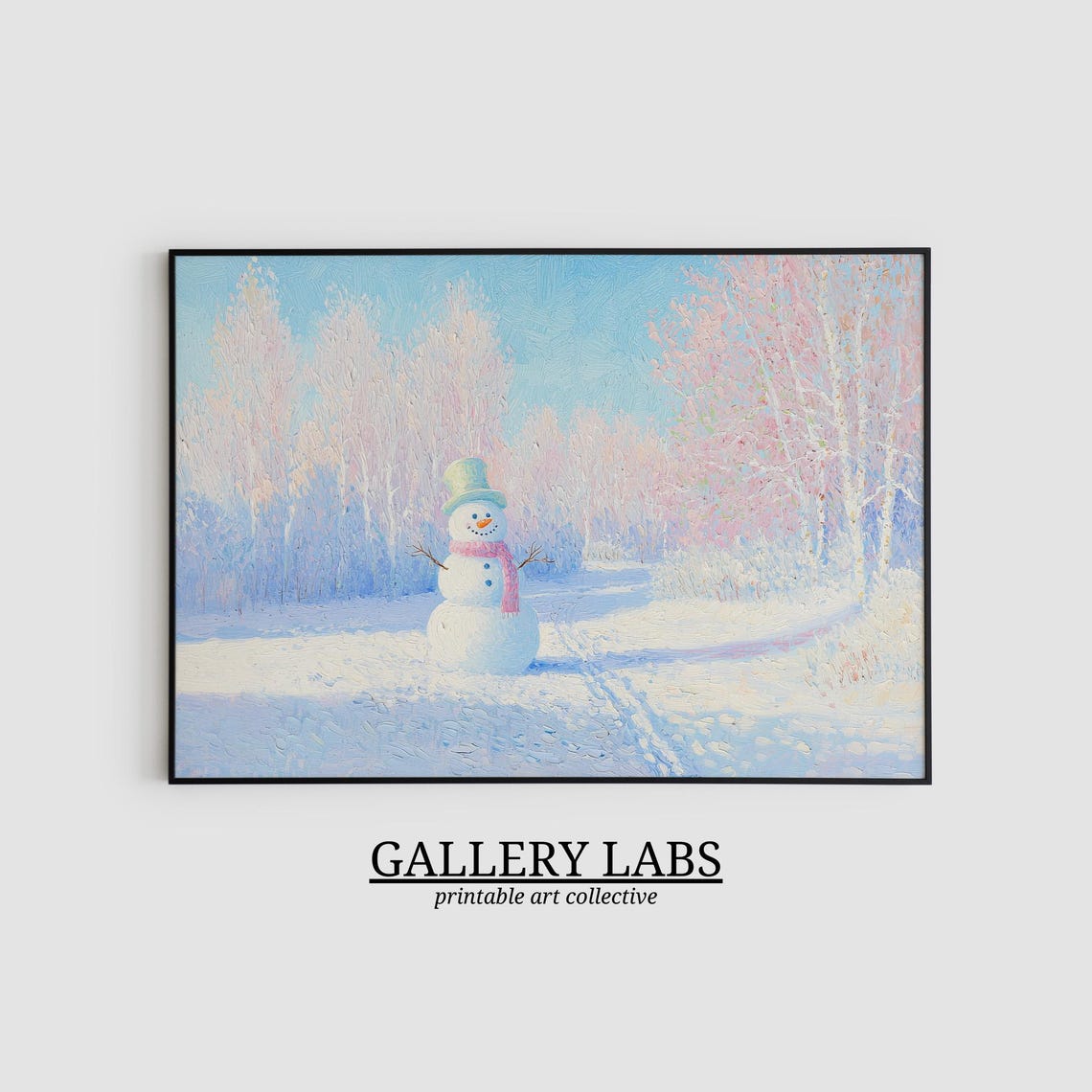 Cute Snowman Pastel Winter Forest Scene Christmas Wall Art Print - Image 2