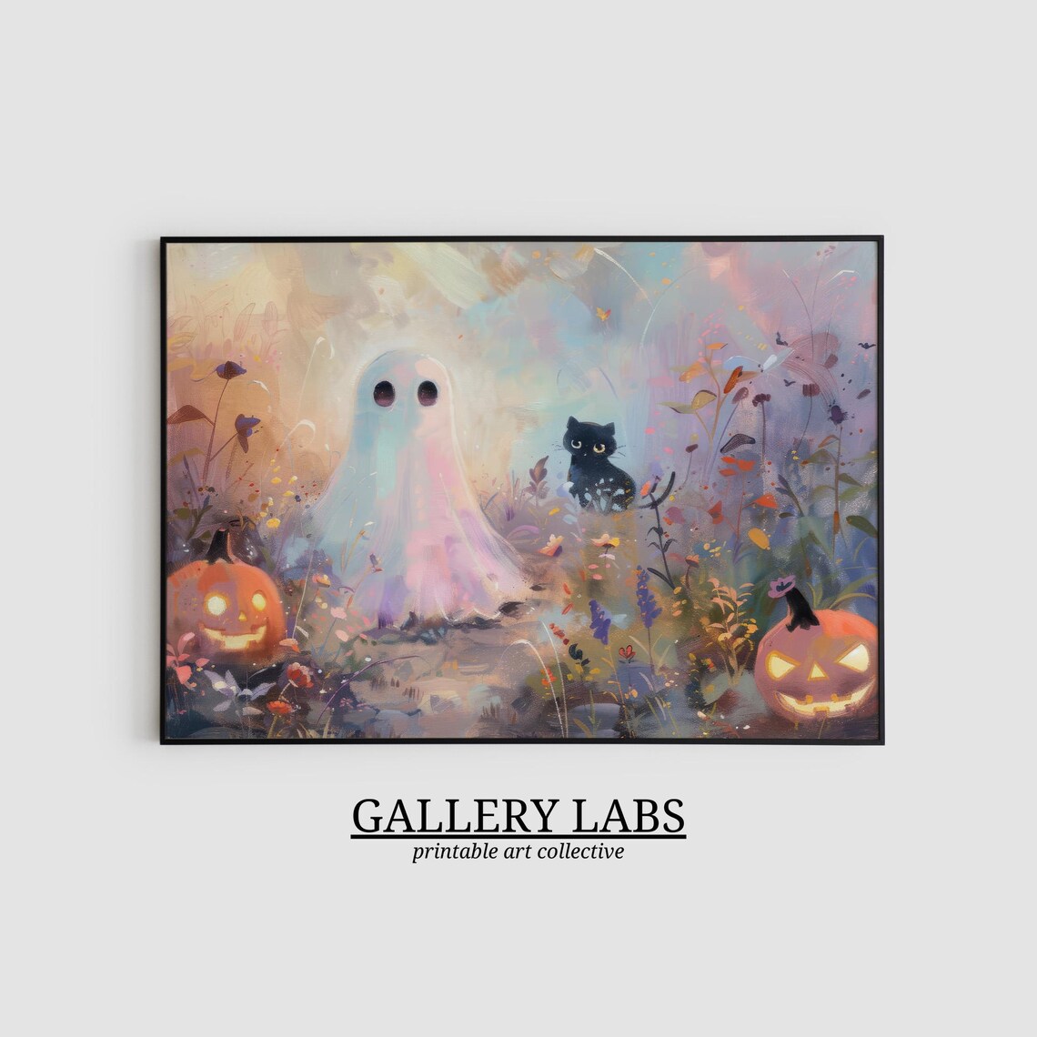 Cute Ghost Cat Halloween Dark Academia Art Print - Image 2