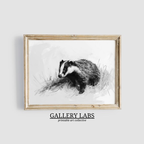 Vintage Badger Pencil Sketch Woodland Animal Neutral Nursery Wall Art Print