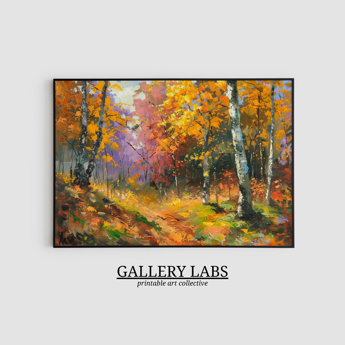 Golden Autumn Birch Forest Landscape Painting Fall Foliage Wall Art Print - Image 2