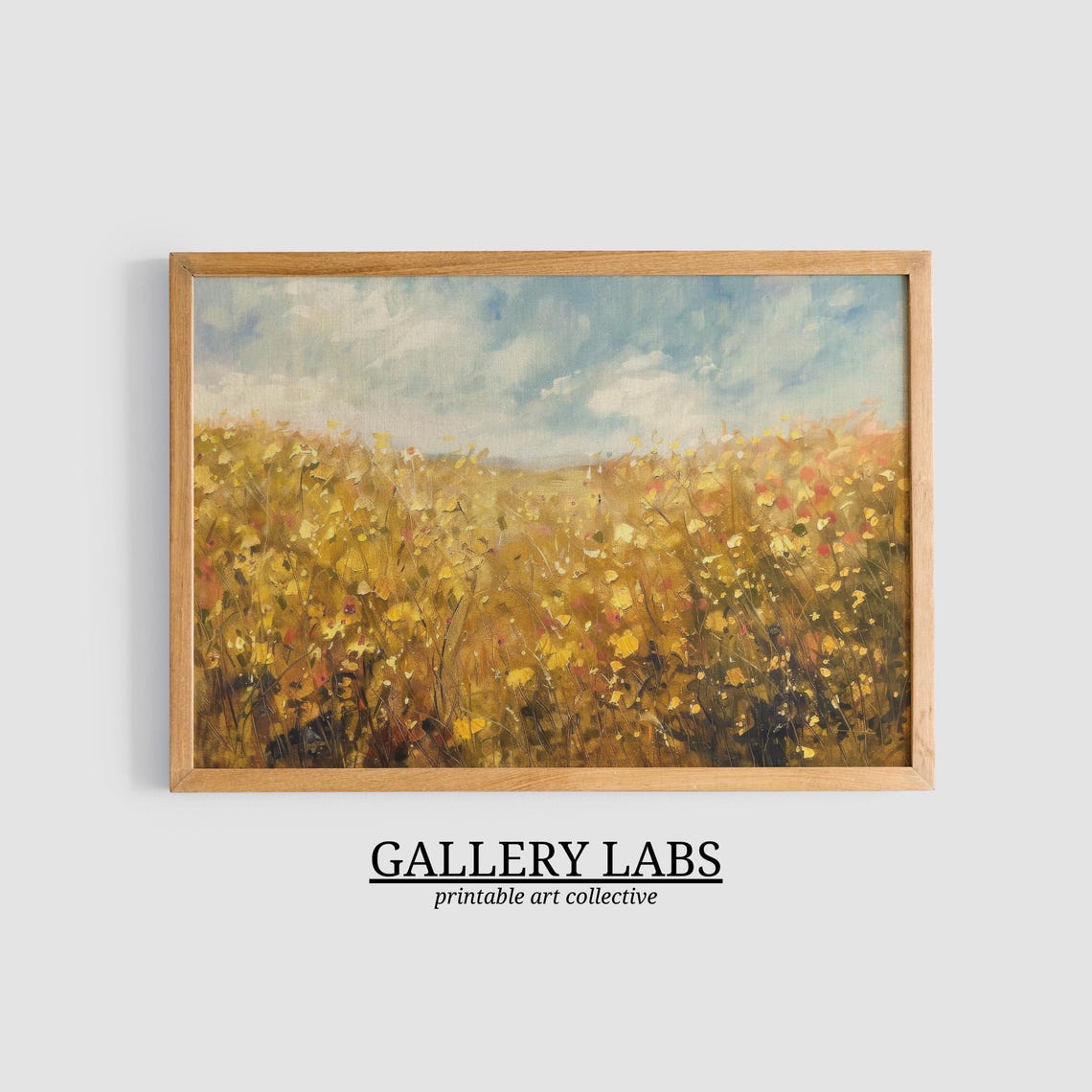 Golden Wildflower Field Under Cloudy Sky Impressionist Wall Art Print - Image 3