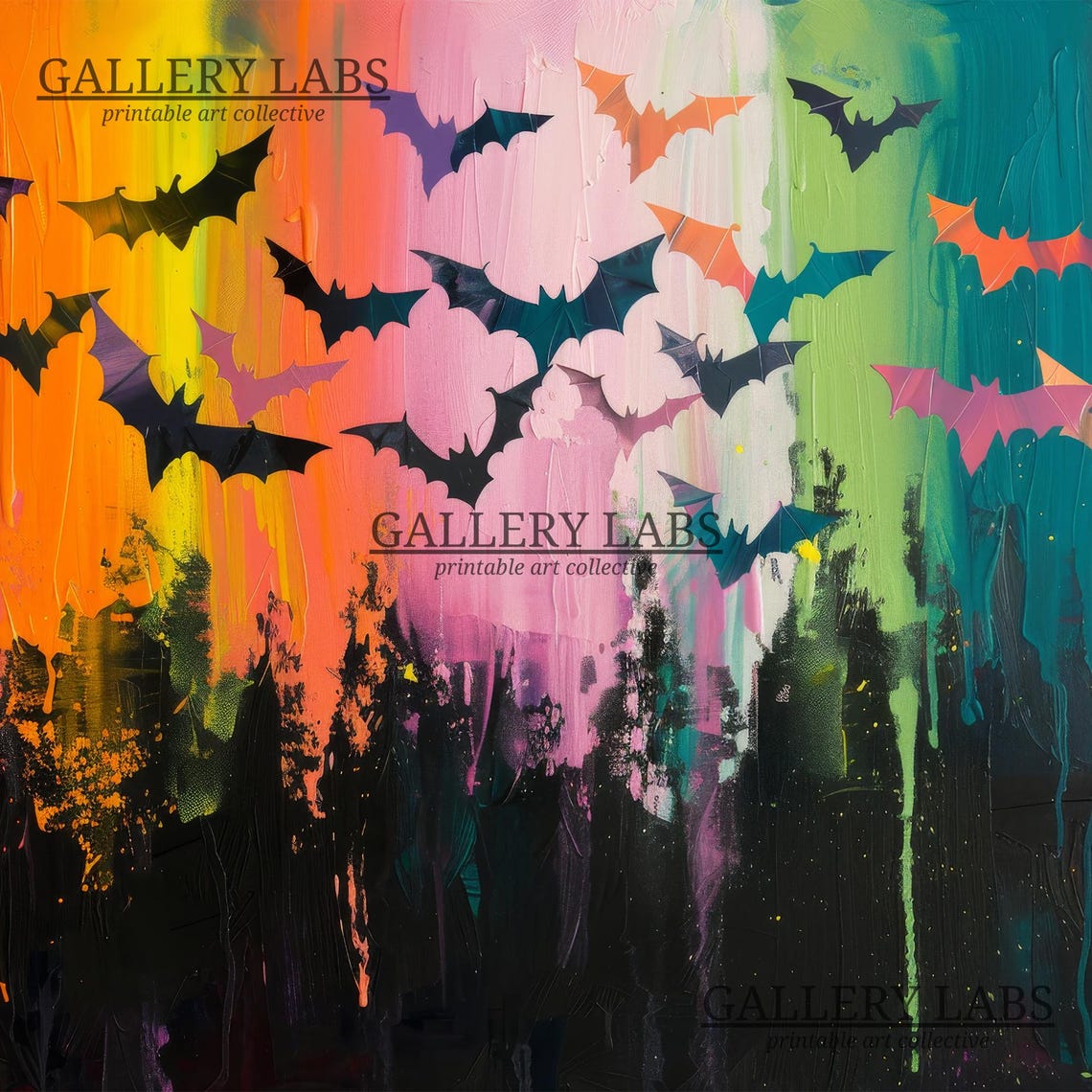 Colorful Bats Flying Drippy Neon Night Sky Halloween Painting Poster - Image 4