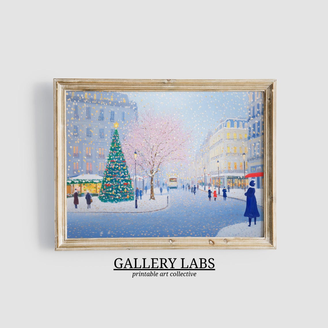 Paris Christmas Street Snowfall Big Tree City Lights Travel Poster