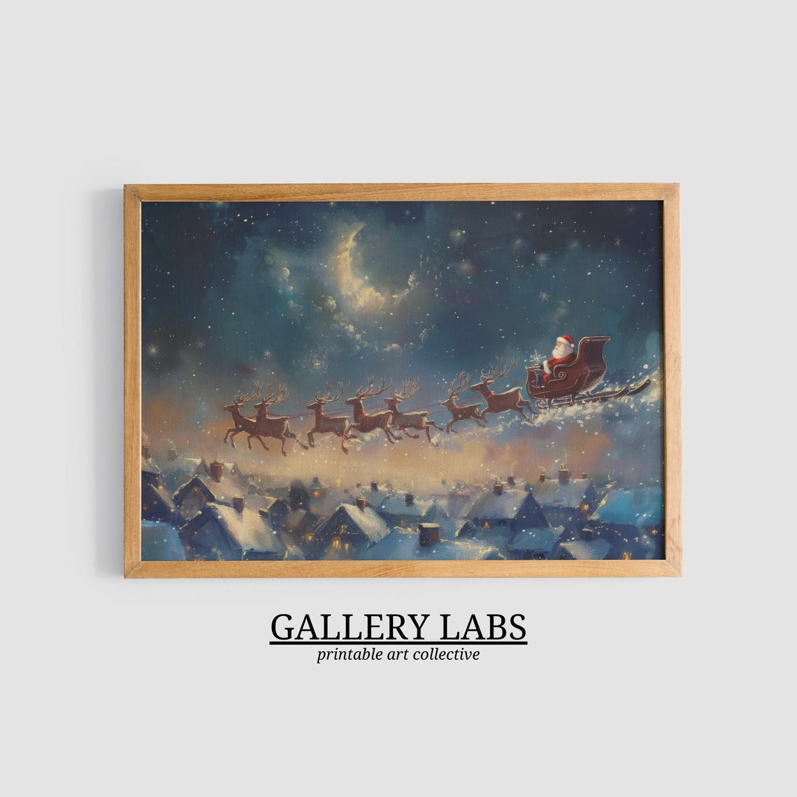 Santa Claus Flying Sleigh Reindeer Over Rooftops Moonlit Night Poster - Image 3